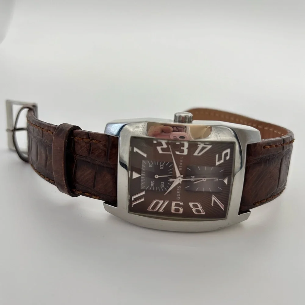 Guess Steel Casing w/Brown Leather Band Analog Watch-New Battery.